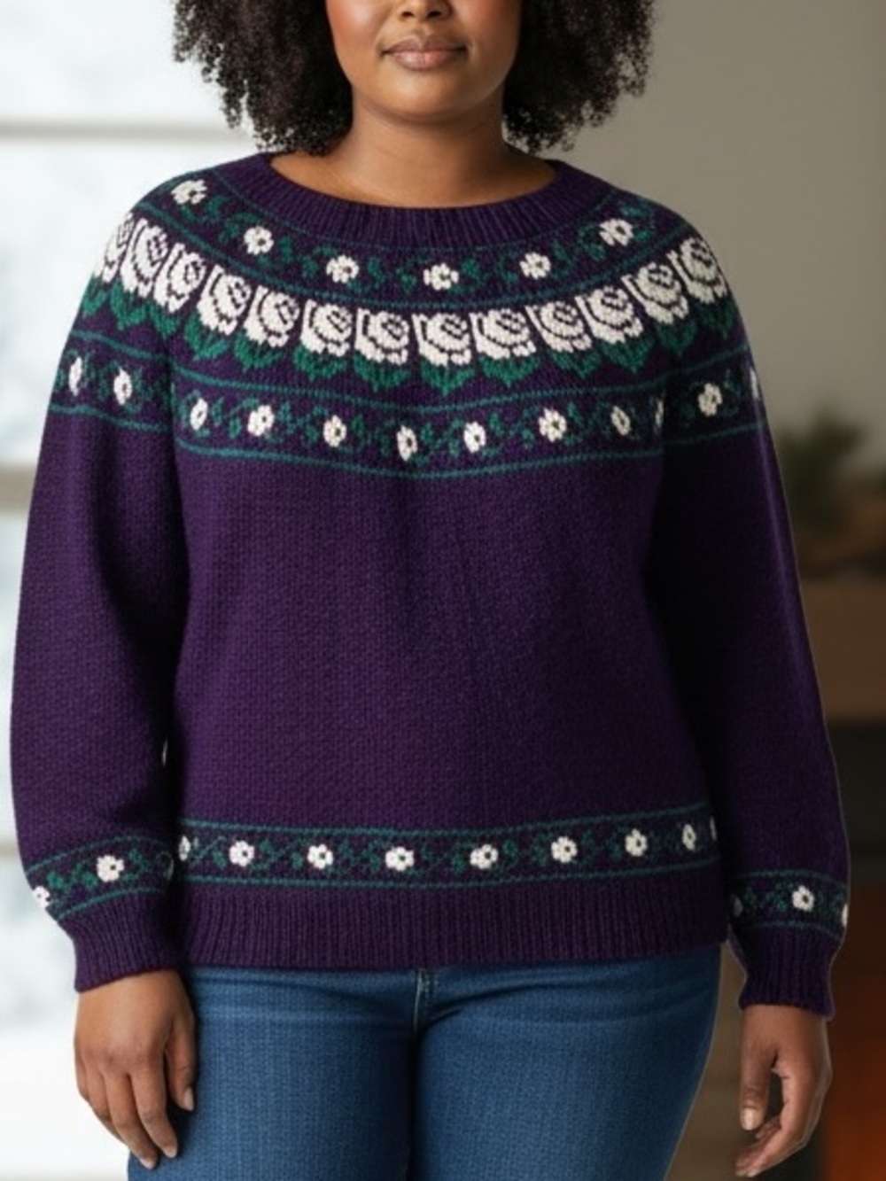 Hand Knit Purple & Green Fair Isle Crew Neck Coastal Wool Blend Sweater Sz XL